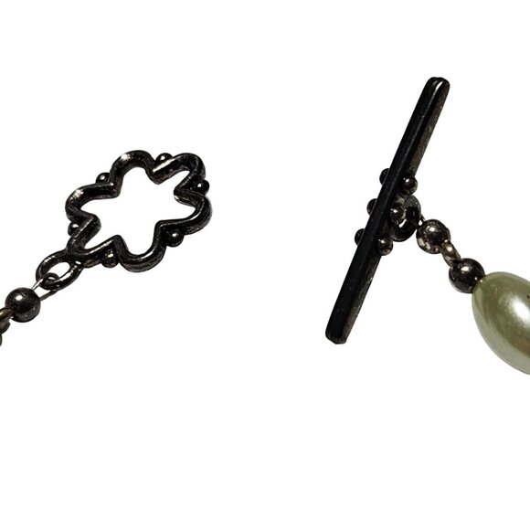 Vintage Green Crystal Faux Pearl Beaded Bracelet Silver Floral Clasp Jewelry - Picture 4 of 6